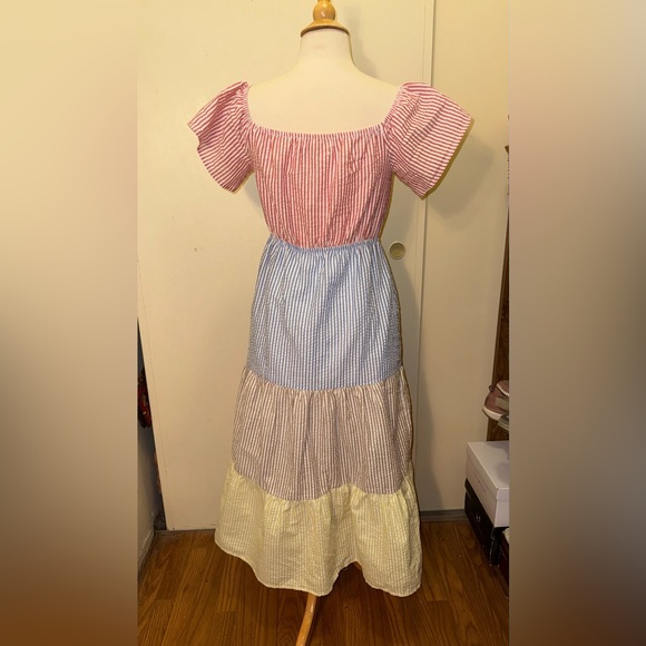 Urban outfitters color block Striped red Blue yelllow tiered midi Dress xs - Picture 3 of 3